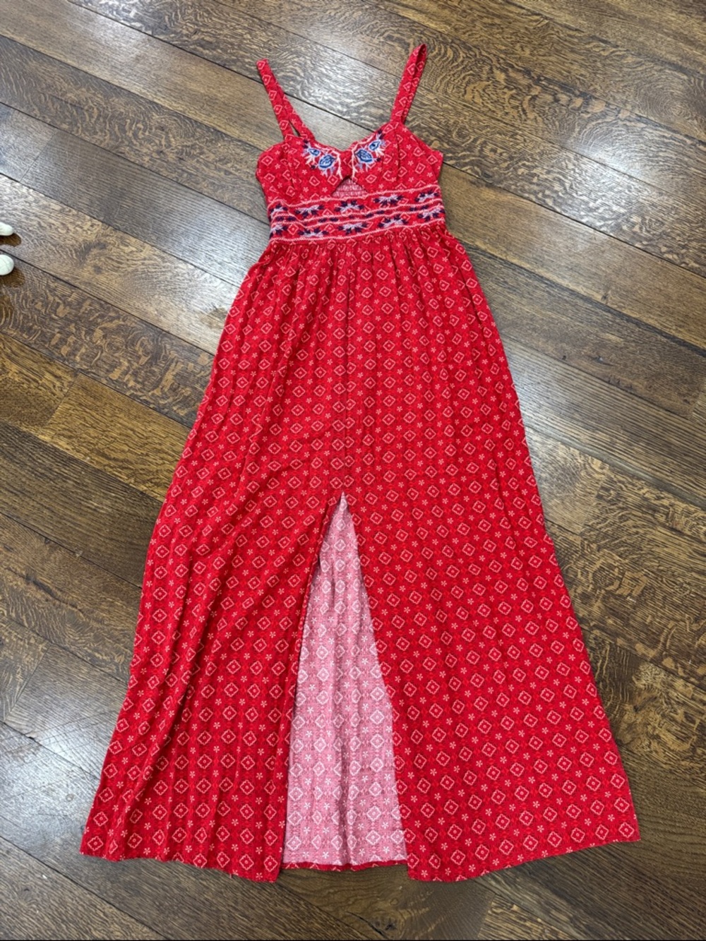 Red Embroidered Sundress with Blue Floral Detail and leg slit